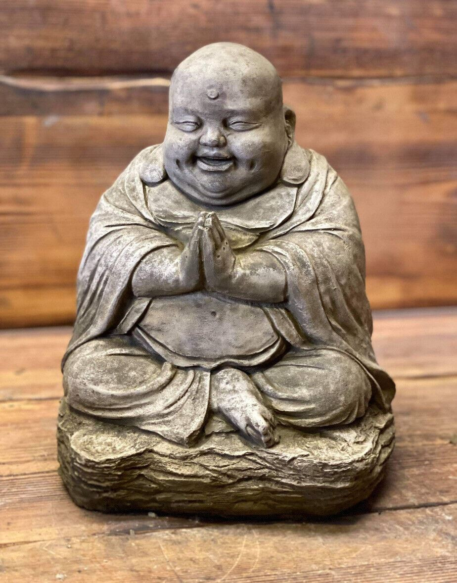 STONE GARDEN LARGE CHUBBY HAPPY SMILING PRAYING BUDDHA BUDDAH STATUE ORNAMENT