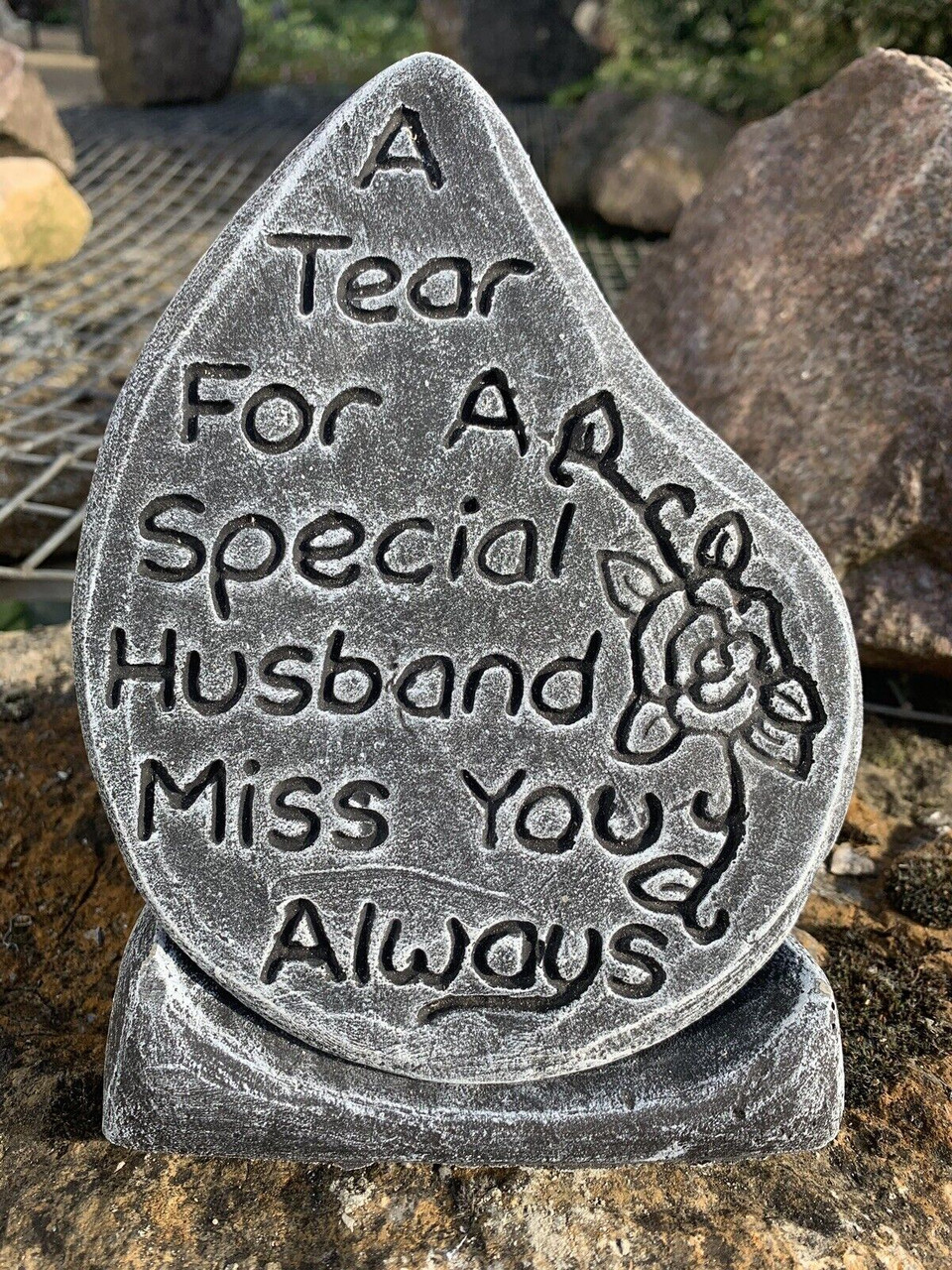 STONE GARDEN SPECIAL HUSBAND TEAR DROP MEMORIAL PLAQUE CONCRETE ORNAMENT