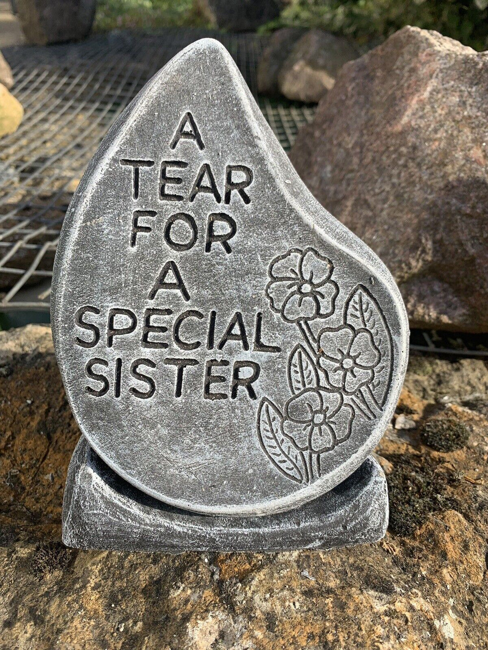 STONE GARDEN SPECIAL SISTER TEAR DROP MEMORIAL PLAQUE CONCRETE ORNAMENT