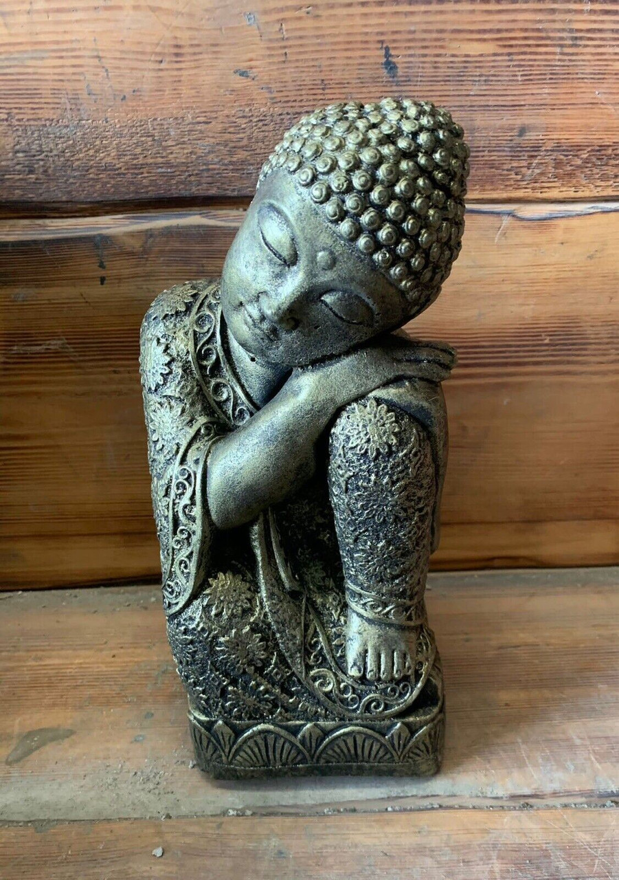 STONE GARDEN SLEEPING WELSH BUDDHA STATUE HAND CAST ORNAMENT BRONZED HIGHLIGHTED