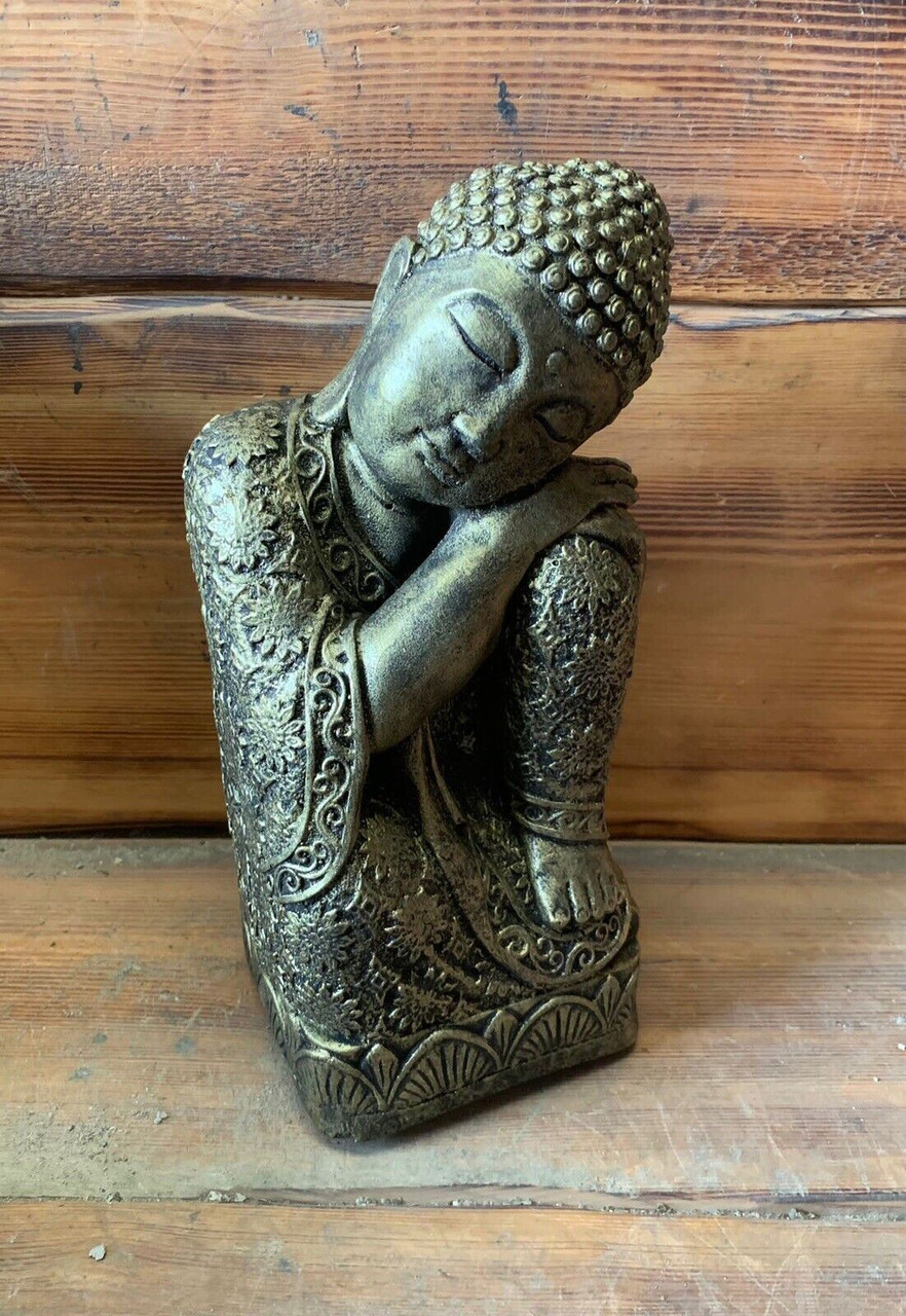 STONE GARDEN SLEEPING WELSH BUDDHA STATUE HAND CAST ORNAMENT BRONZED HIGHLIGHTED