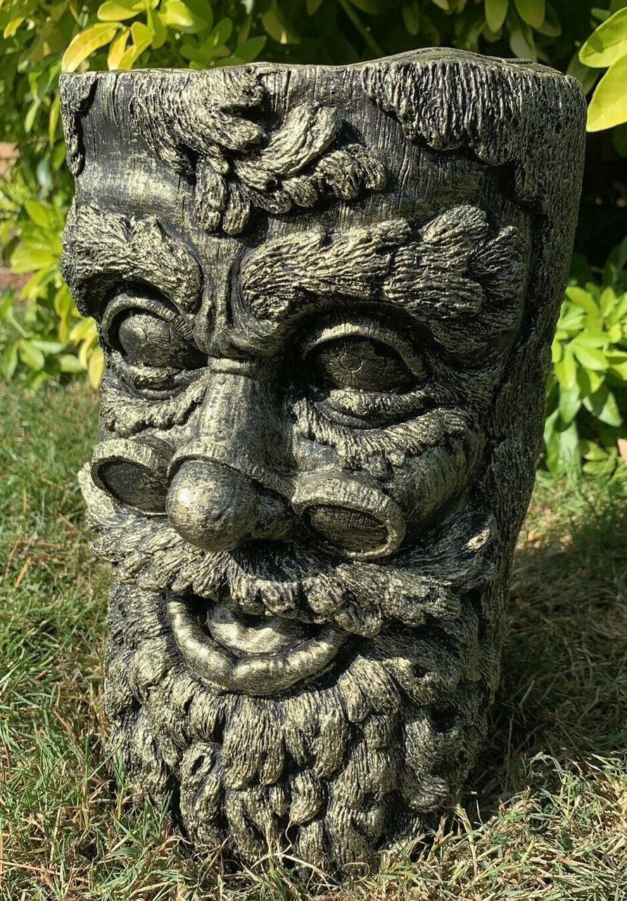 STONE GARDEN GREEN MAN TREE STUMP PLINTH GOLD CONCRETE ORNAMENT