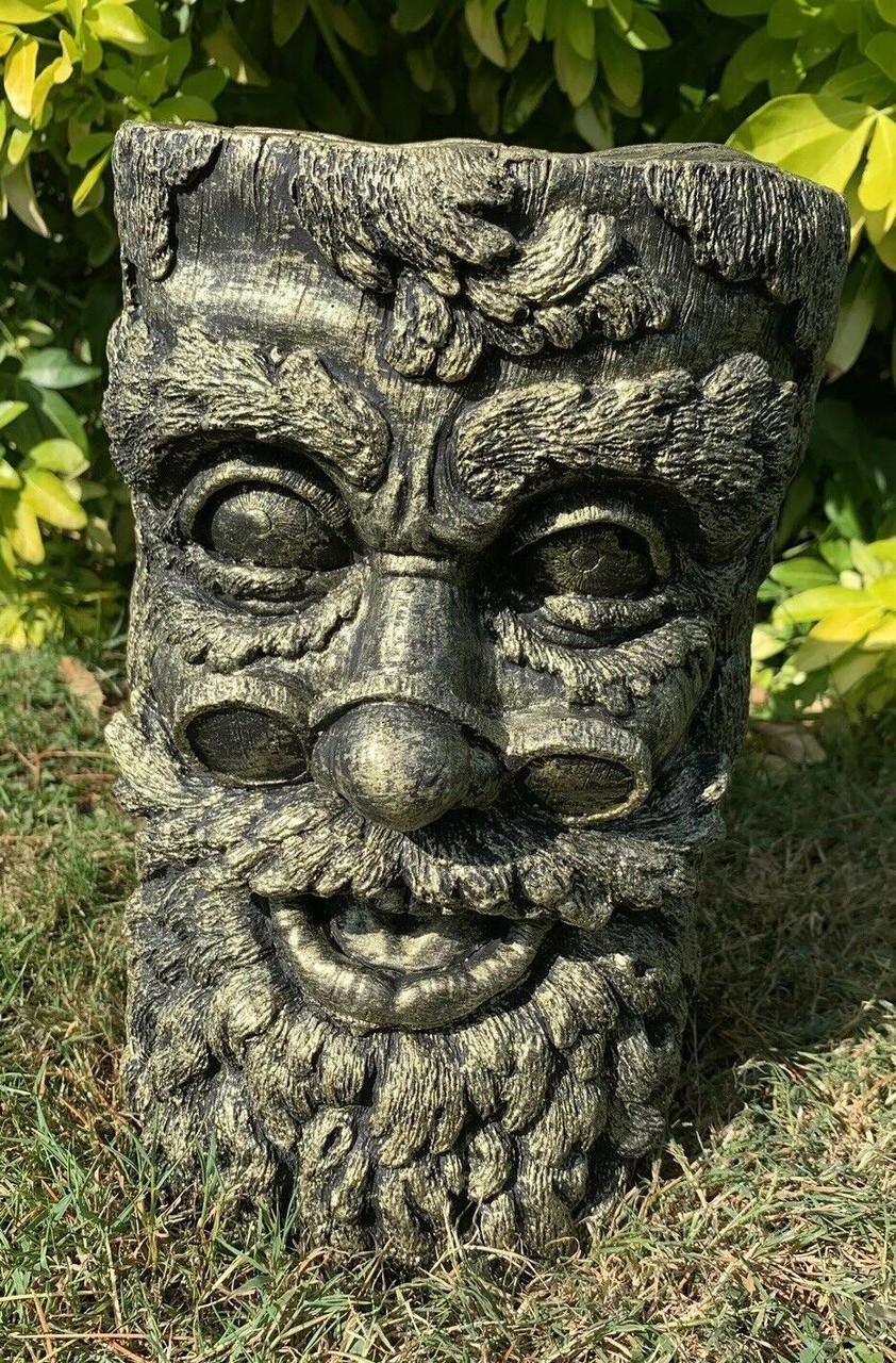 STONE GARDEN GREEN MAN TREE STUMP PLINTH GOLD CONCRETE ORNAMENT