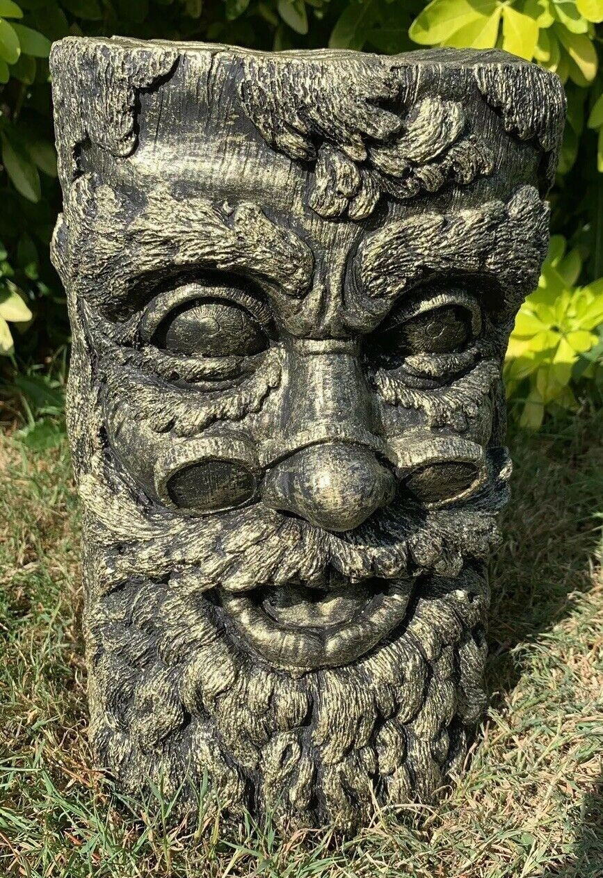 STONE GARDEN GREEN MAN TREE STUMP PLINTH GOLD CONCRETE ORNAMENT