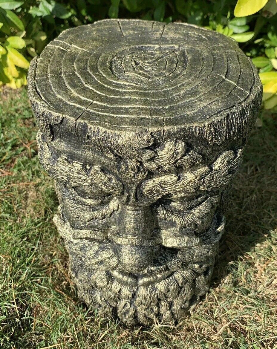 STONE GARDEN GREEN MAN TREE STUMP PLINTH GOLD CONCRETE ORNAMENT