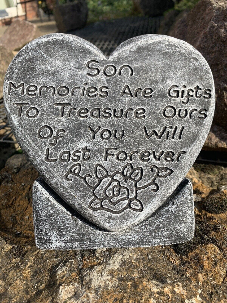 STONE GARDEN SON MEMORIES LARGE HEART MEMORIAL PLAQUE CONCRETE ORNAMENT