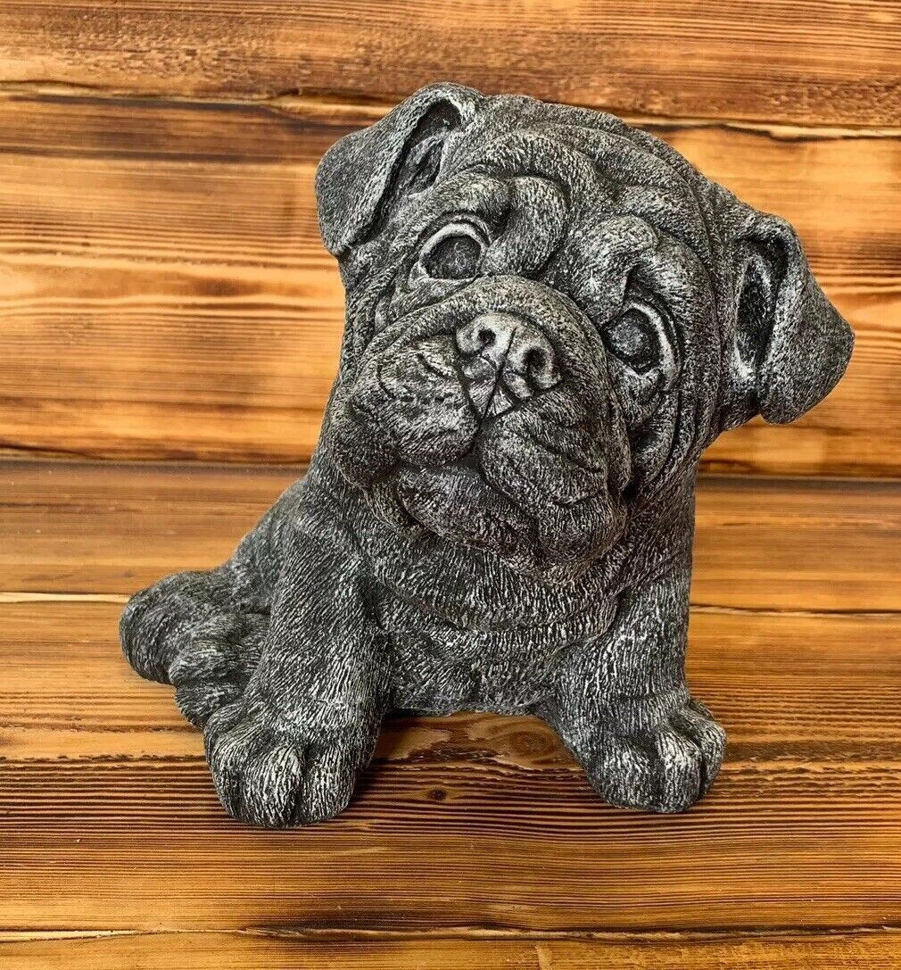 STONE GARDEN CUTE BULLDOG PUP PUPPY HAND CAST STATUE GIFT ORNAMENT