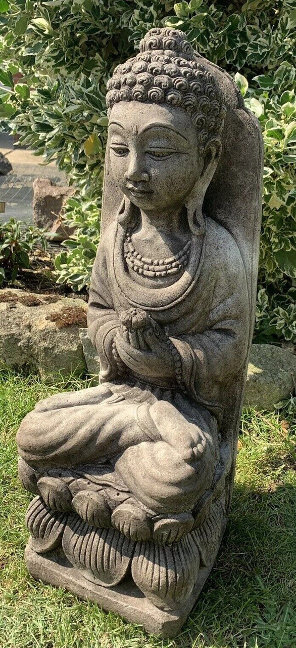 STONE GARDEN LARGE LOTUS PRAYING BUDDHA FLOWER GIFT STATUE ORNAMENT 