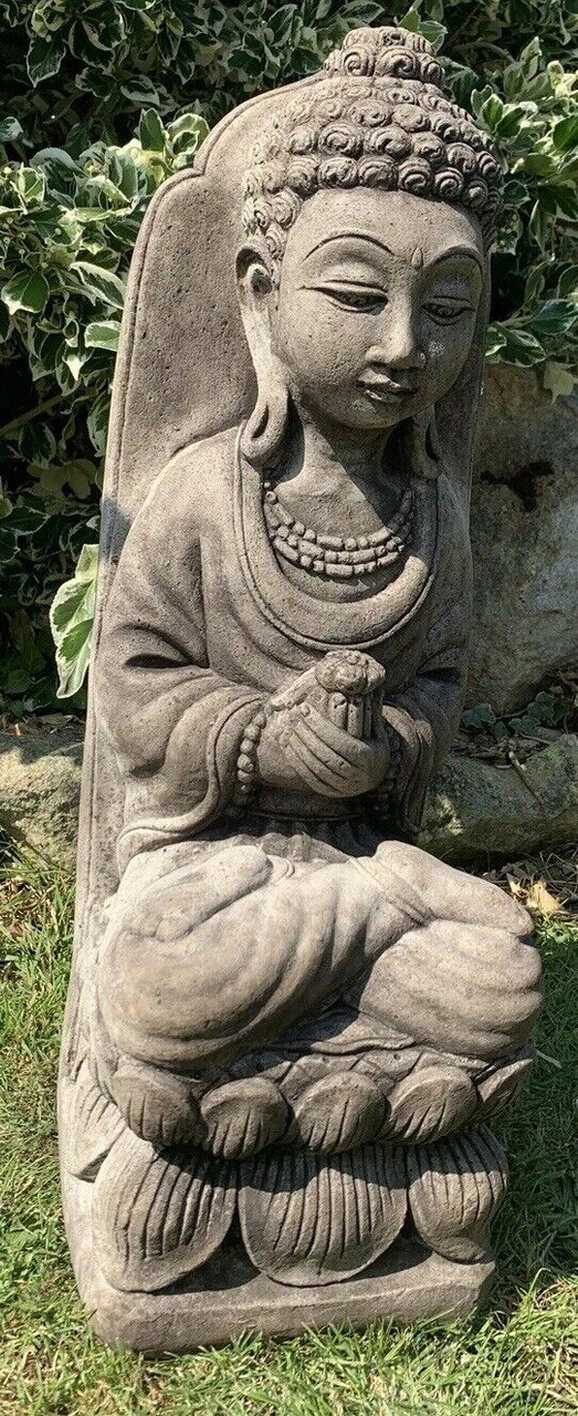 STONE GARDEN LARGE LOTUS PRAYING BUDDHA FLOWER GIFT STATUE ORNAMENT 