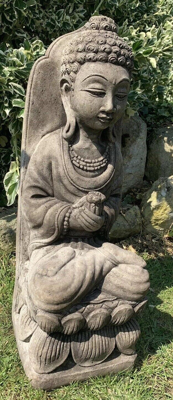 STONE GARDEN LARGE LOTUS PRAYING BUDDHA FLOWER GIFT STATUE ORNAMENT 