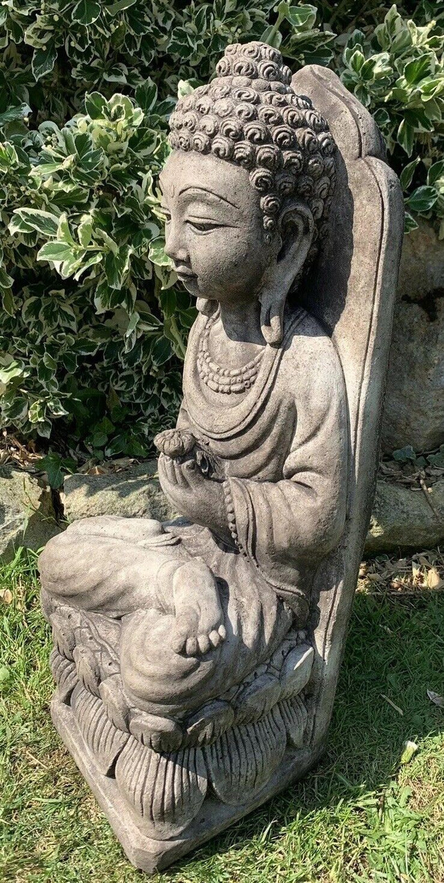 STONE GARDEN LARGE LOTUS PRAYING BUDDHA FLOWER GIFT STATUE ORNAMENT 