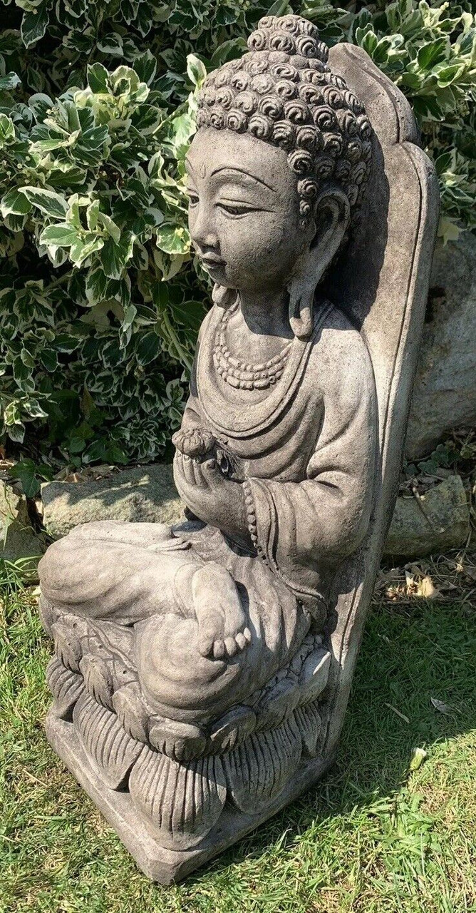 STONE GARDEN LARGE LOTUS PRAYING BUDDHA FLOWER GIFT STATUE ORNAMENT 