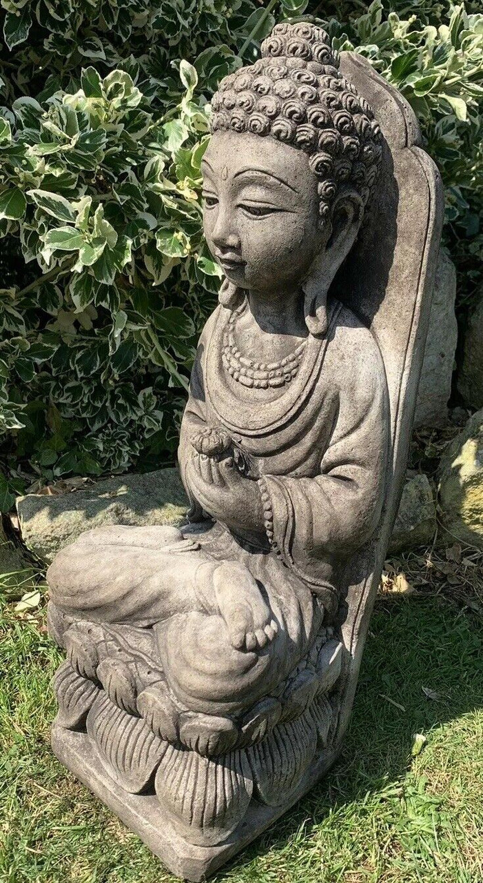 STONE GARDEN LARGE LOTUS PRAYING BUDDHA FLOWER GIFT STATUE ORNAMENT 