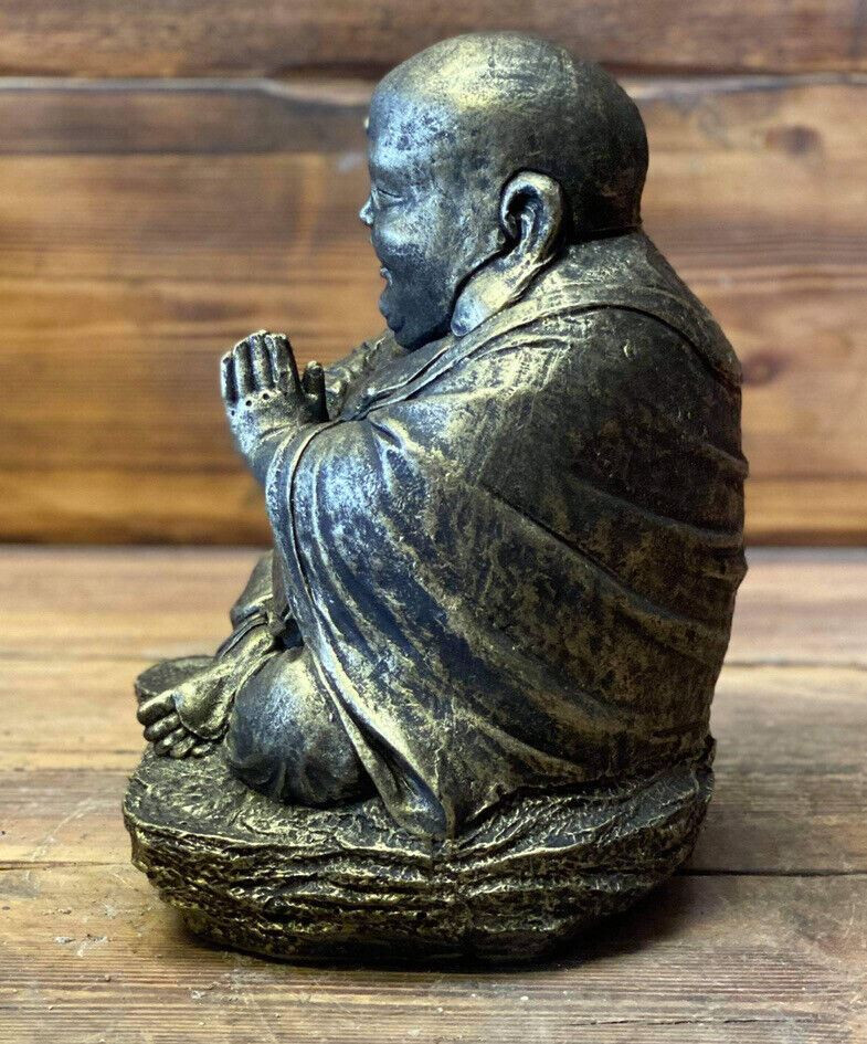 STONE GARDEN GOLD CHUBBY HAPPY SMILING PRAYING BUDDHA BUDDAH STATUE ORNAMENT