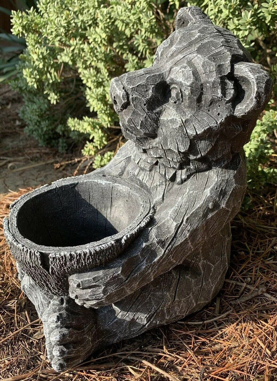 STONE GARDEN DETAILED BEAR PLANTER PLANT POT BLACK AND WHITE ORNAMENT GIFT