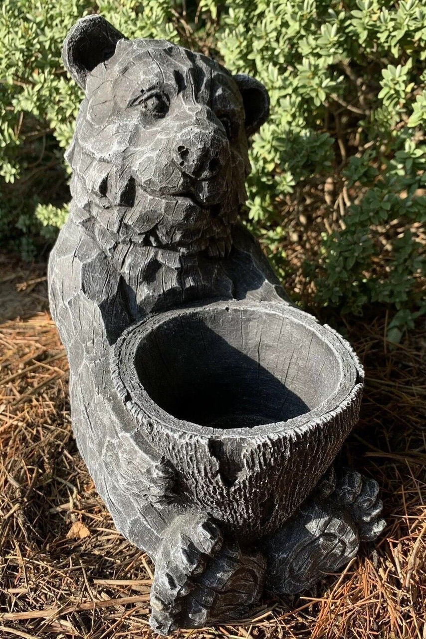 STONE GARDEN DETAILED BEAR PLANTER PLANT POT BLACK AND WHITE ORNAMENT GIFT