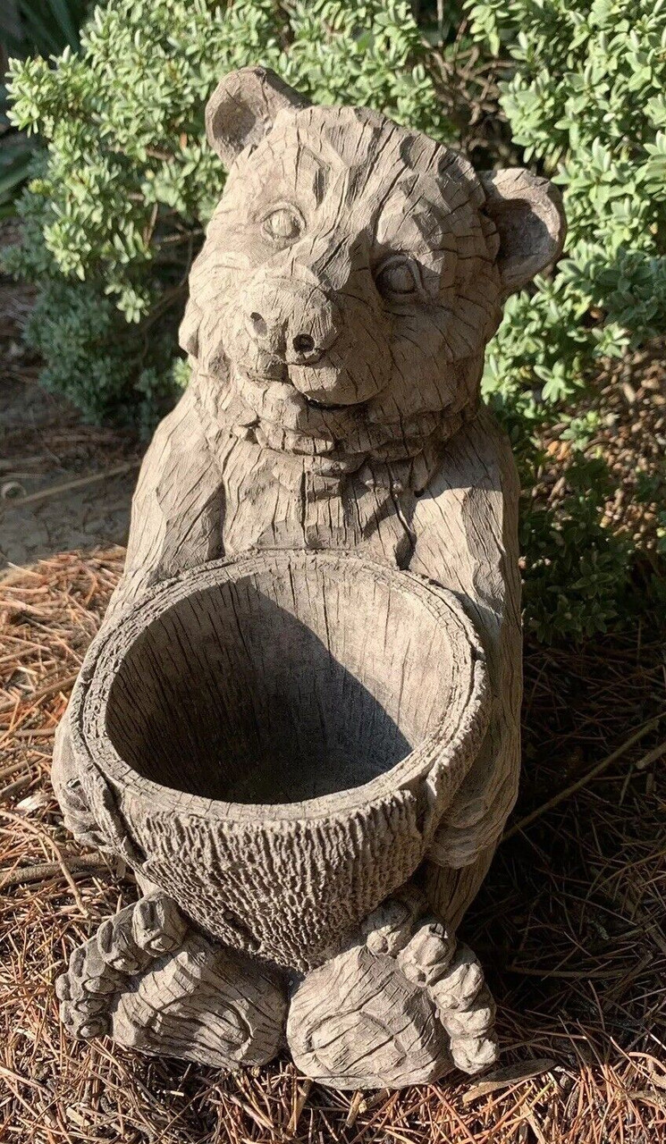 STONE GARDEN DETAILED BEAR PLANTER PLANT POT ORNAMENT GIFT 