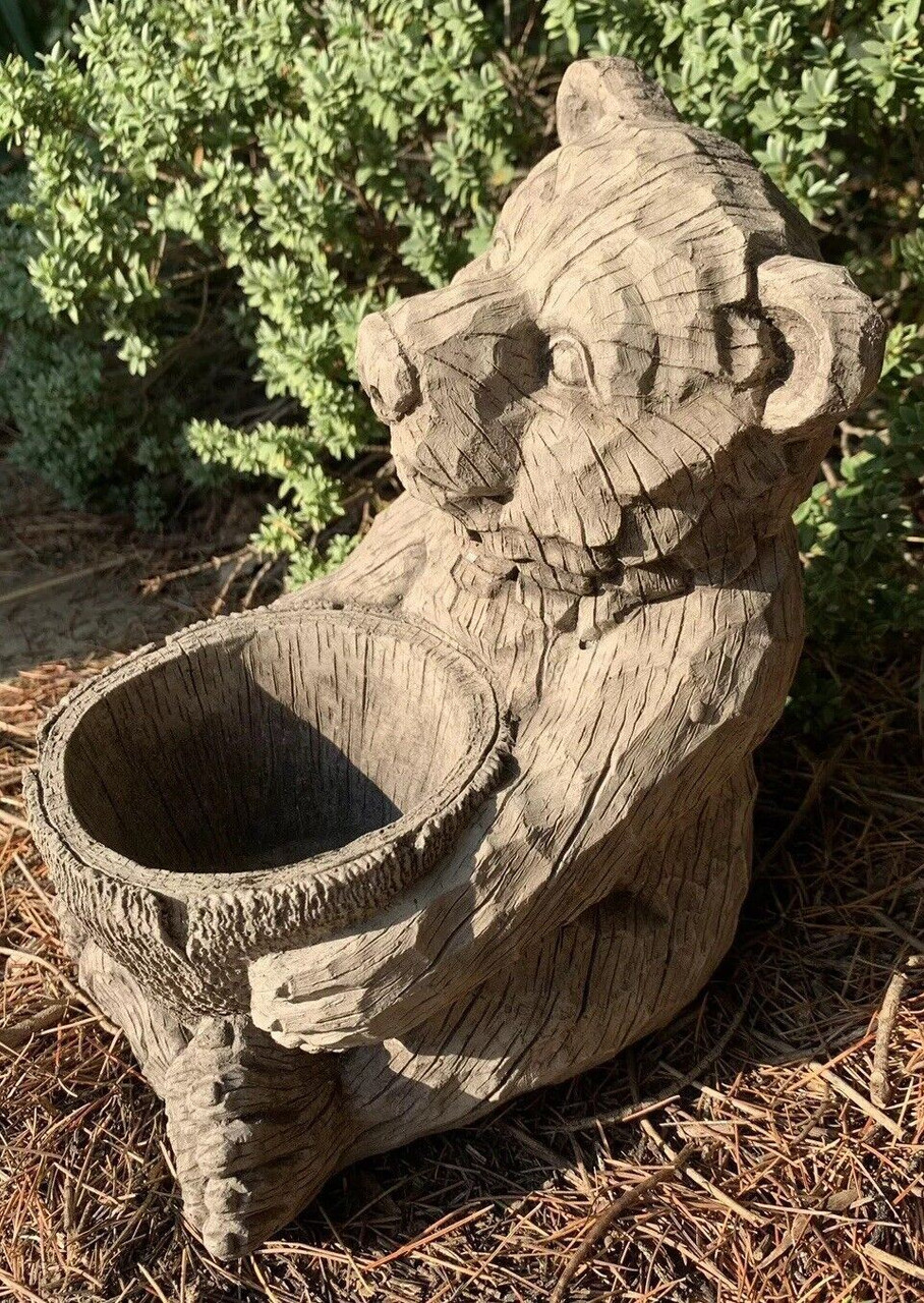 STONE GARDEN DETAILED BEAR PLANTER PLANT POT ORNAMENT GIFT 