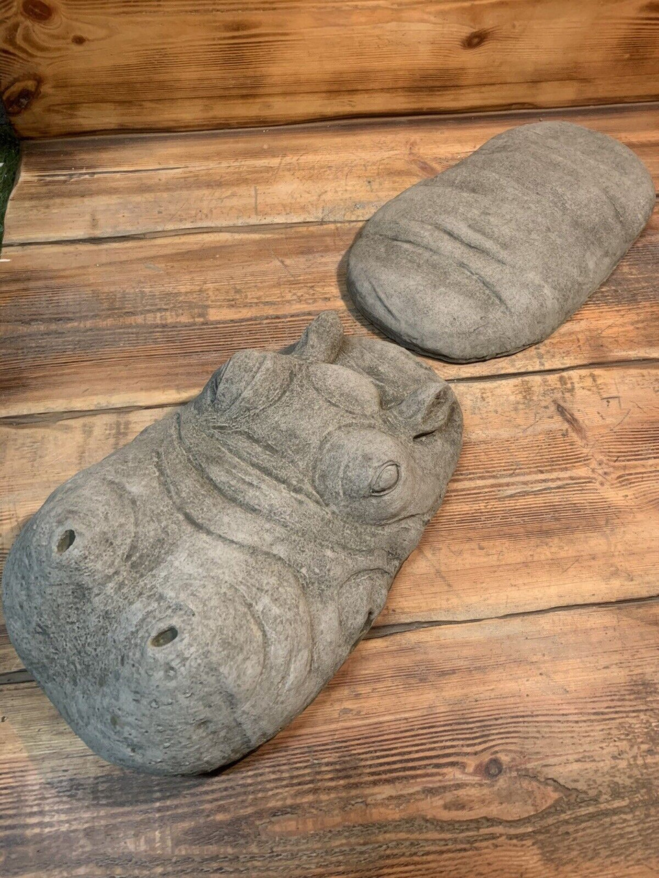 STONE GARDEN EXTRA LARGE 2 PIECE LAYING SUBMERGED HIPPO STATUE ORNAMENT