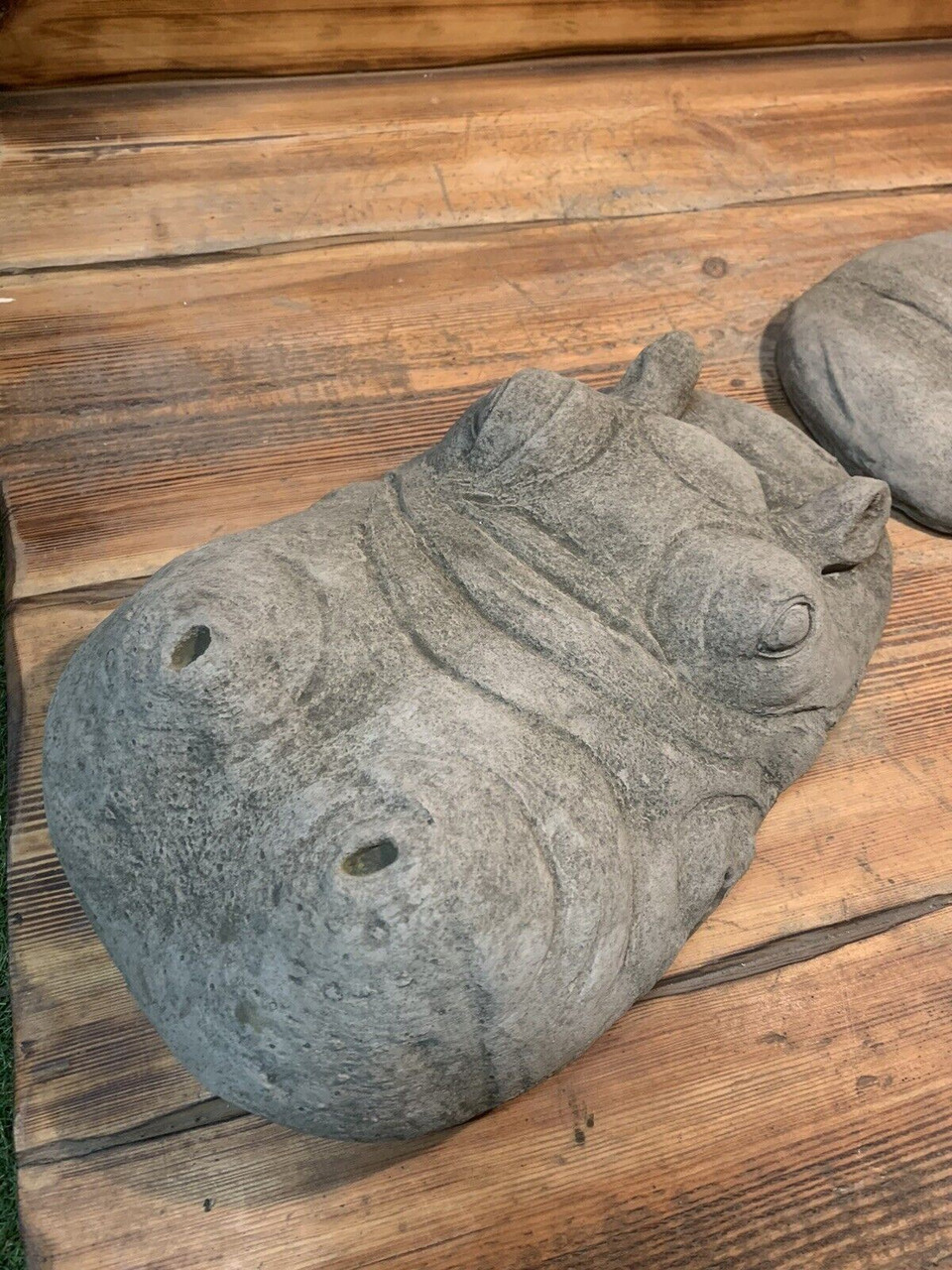 STONE GARDEN EXTRA LARGE 2 PIECE LAYING SUBMERGED HIPPO STATUE ORNAMENT