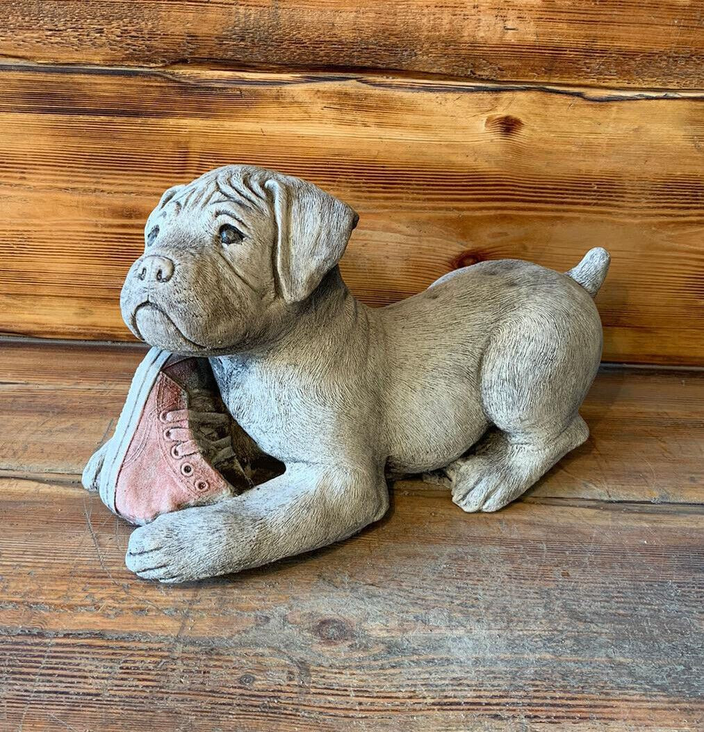 STONE GARDEN LAYING JACK RUSSELL DOG WITH BOOT STATUE ORNAMENT