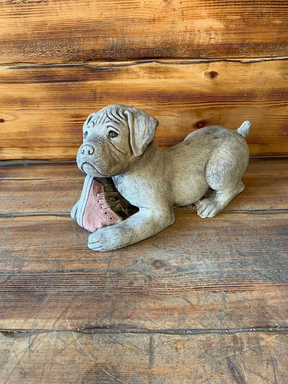 STONE GARDEN LAYING JACK RUSSELL DOG WITH BOOT STATUE ORNAMENT