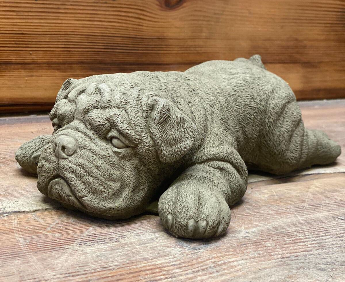 STONE GARDEN LAYING SLEEPING BULLDOG STATUE ORNAMENT