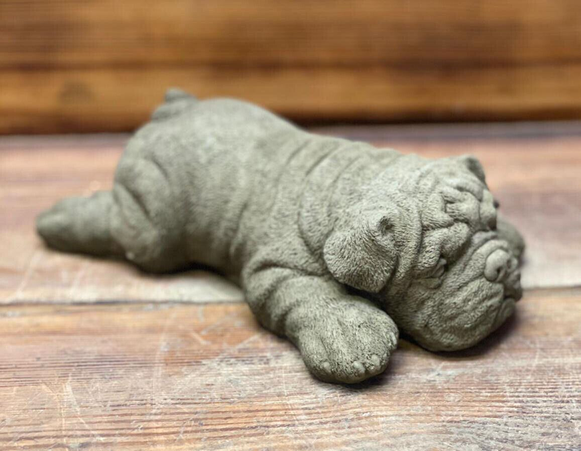 STONE GARDEN LAYING SLEEPING BULLDOG STATUE ORNAMENT