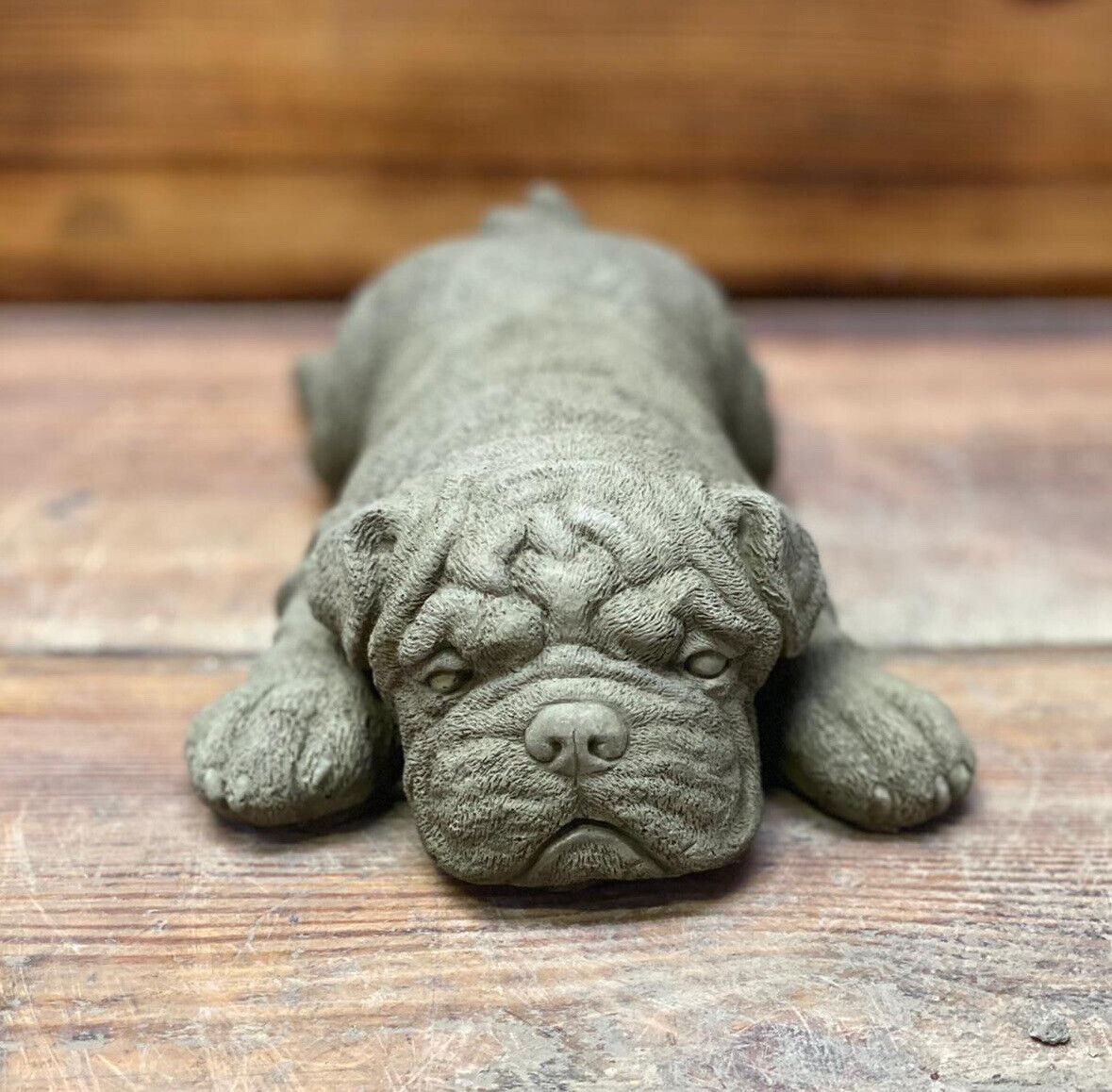 STONE GARDEN LAYING SLEEPING BULLDOG STATUE ORNAMENT