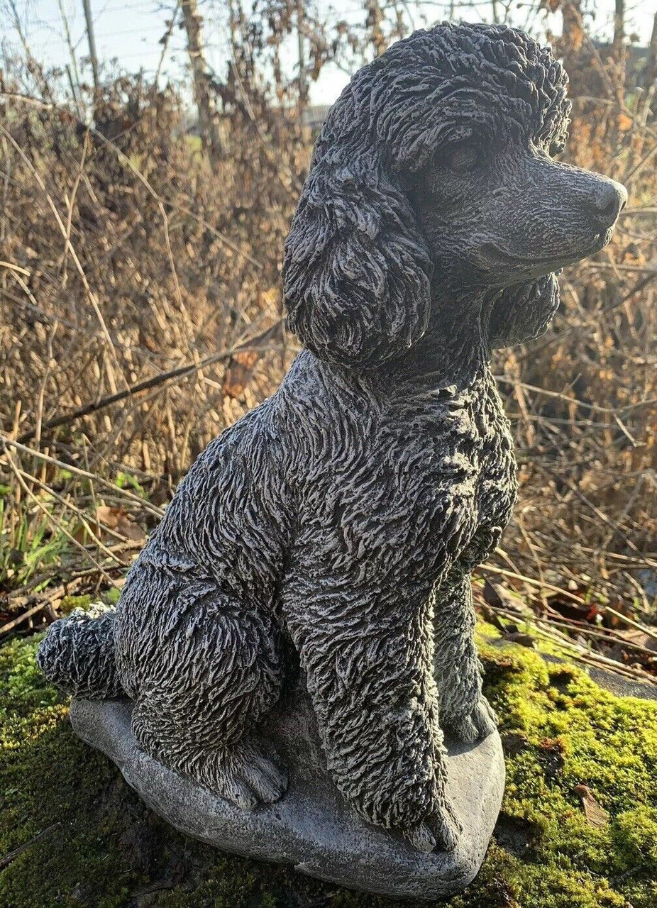 STONE GARDEN LARGE DETAILED POODLE DOG GIFT BLACK/WHITE ORNAMENT