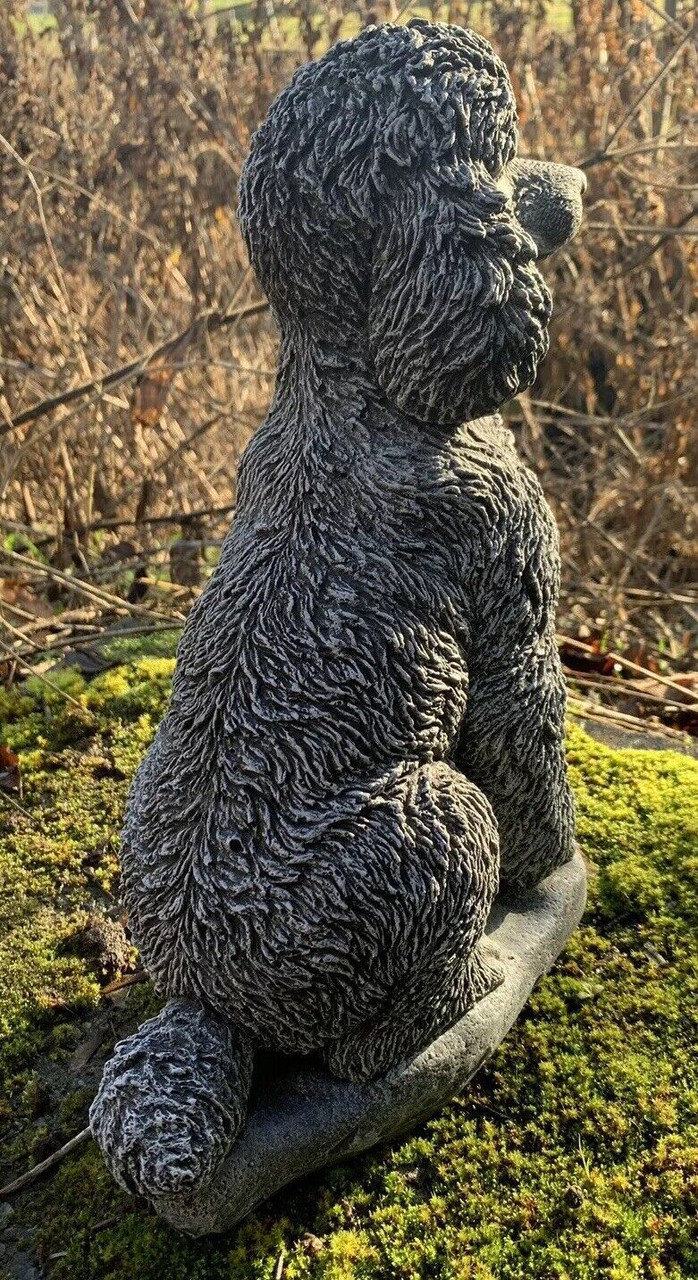 STONE GARDEN LARGE DETAILED POODLE DOG GIFT BLACK/WHITE ORNAMENT