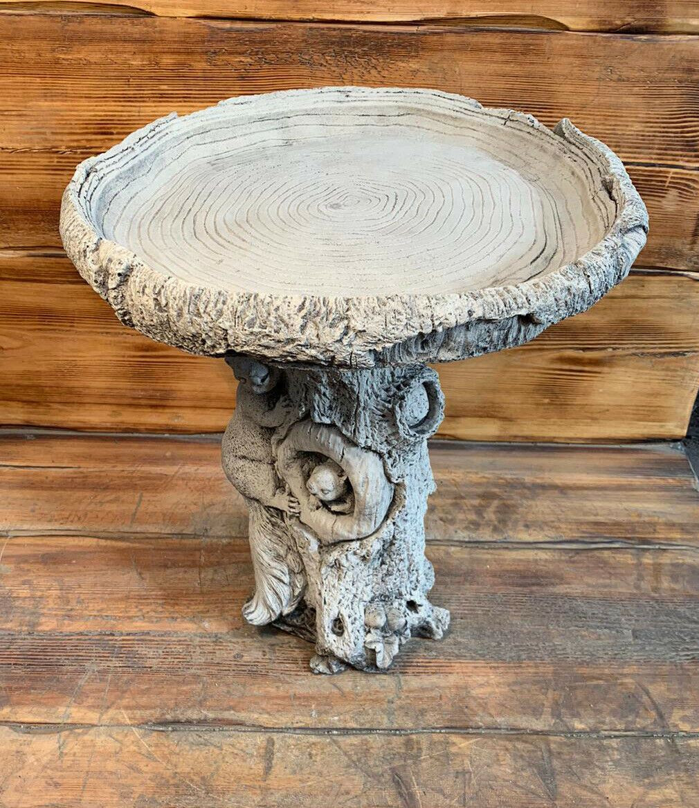 STONE GARDEN SQUIRREL TREE TRUNK DETAILED BIRD BATH STATUE ORNAMENT