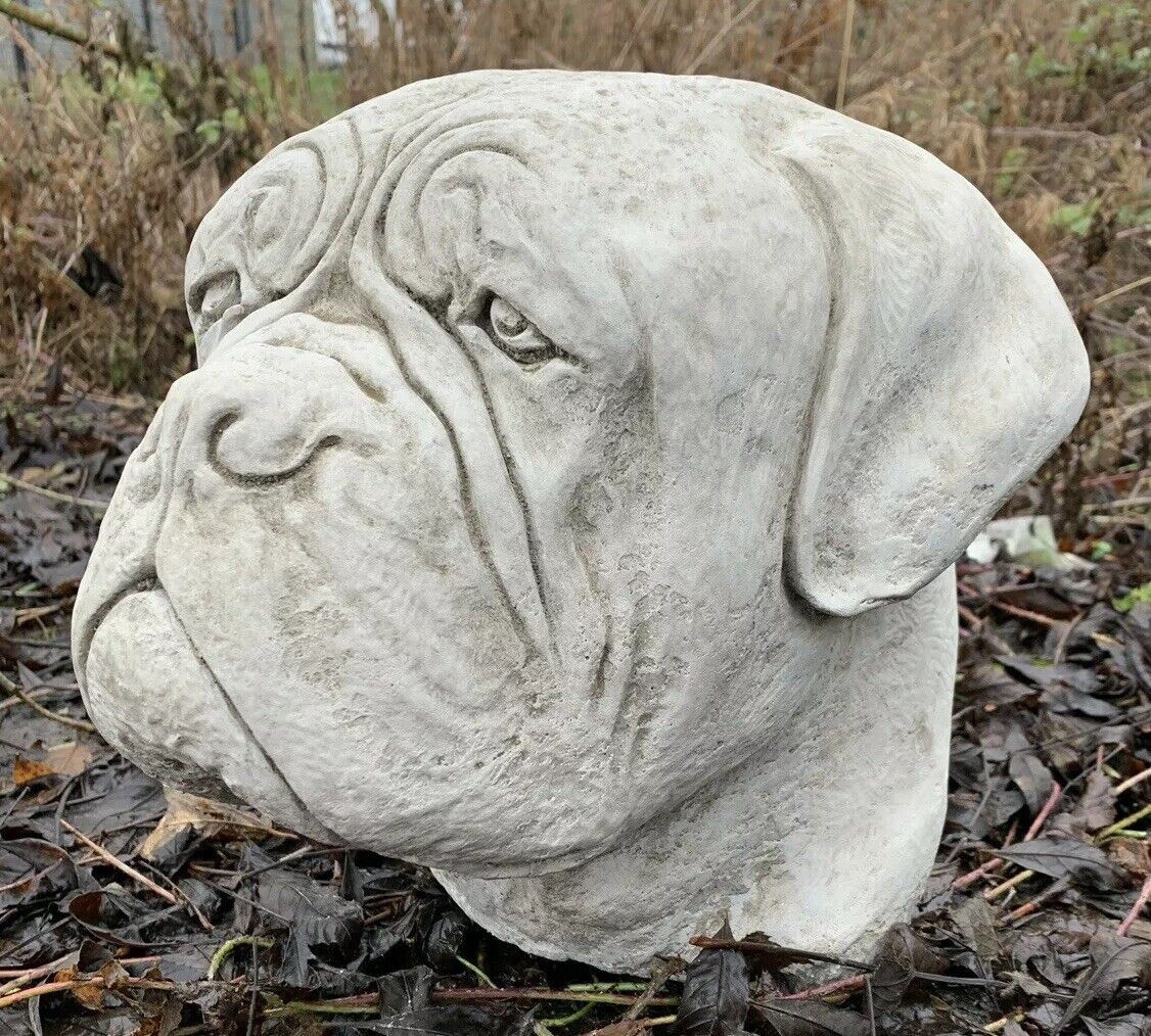 STONE GARDEN LARGE DOG DOGUE DE BORDEAUX MASTIFF BOXER HEAD STATUE CAP ORNAMENT 