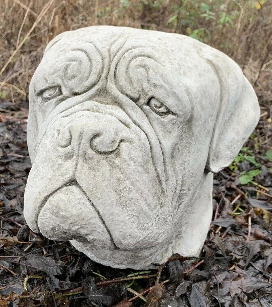 STONE GARDEN LARGE DOG DOGUE DE BORDEAUX MASTIFF BOXER HEAD STATUE CAP ORNAMENT 