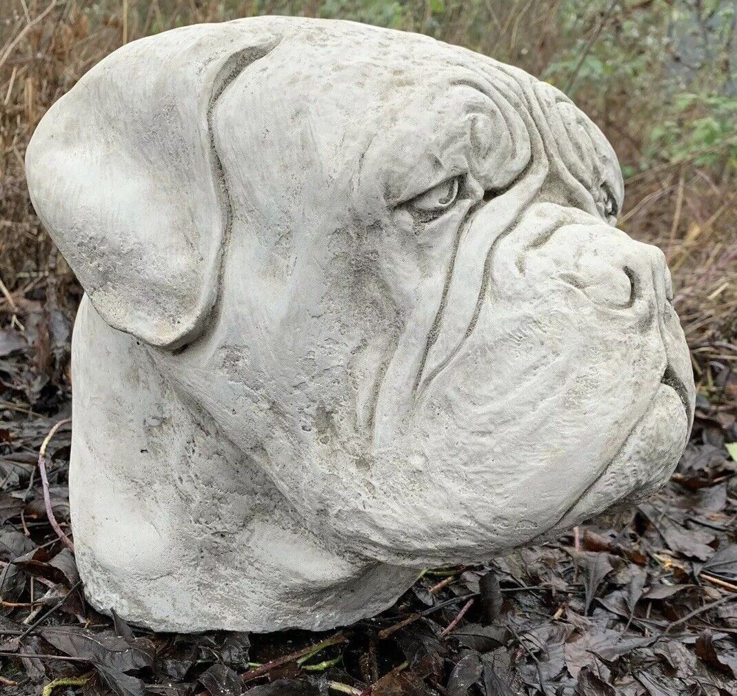 STONE GARDEN LARGE DOG DOGUE DE BORDEAUX MASTIFF BOXER HEAD STATUE CAP ORNAMENT 