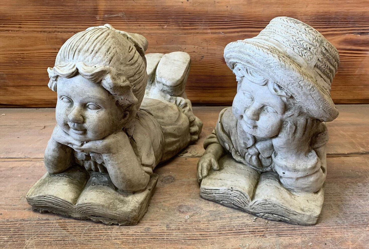 STONE GARDEN PAIR OF LAYING BOY AND GIRL STATUE ORNAMENTS