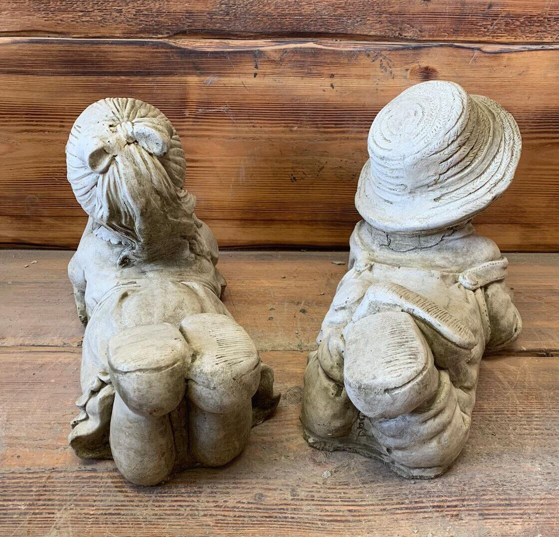 STONE GARDEN PAIR OF LAYING BOY AND GIRL STATUE ORNAMENTS