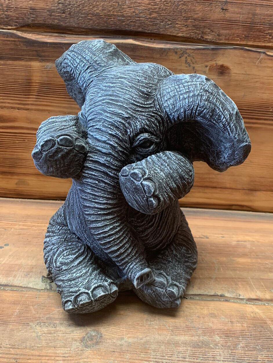 STONE GARDEN CUTE SHY SITTING BABY ELEPHANT GIFT STATUE ORNAMENT