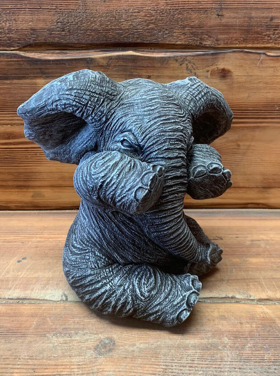 STONE GARDEN CUTE SHY SITTING BABY ELEPHANT GIFT STATUE ORNAMENT