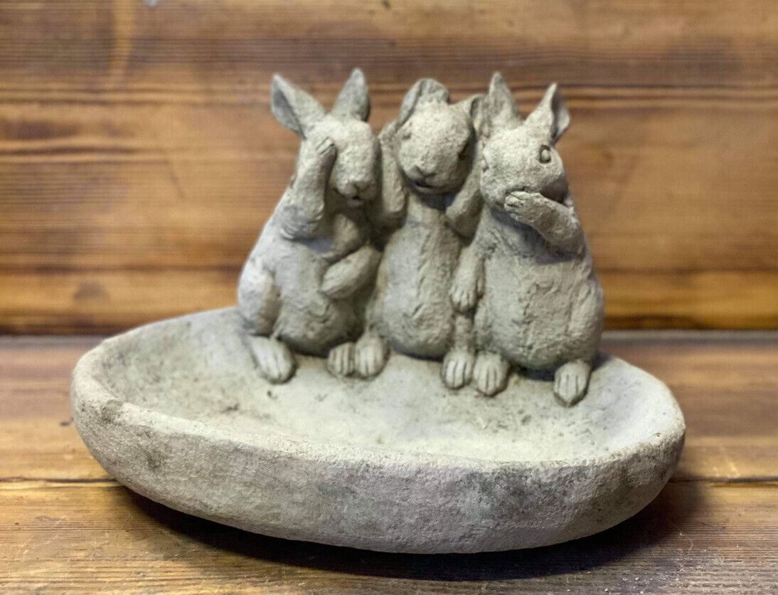 STONE GARDEN SEE HEAR SPEAK NO EVIL RABBIT BIRD BATH FEEDER BOWL ORNAMENT GIFT