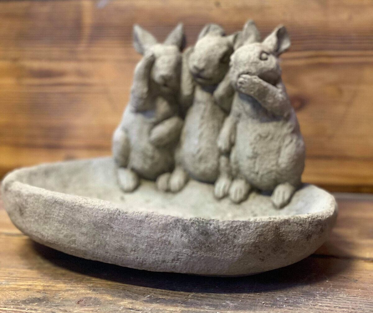 STONE GARDEN SEE HEAR SPEAK NO EVIL RABBIT BIRD BATH FEEDER BOWL ORNAMENT GIFT