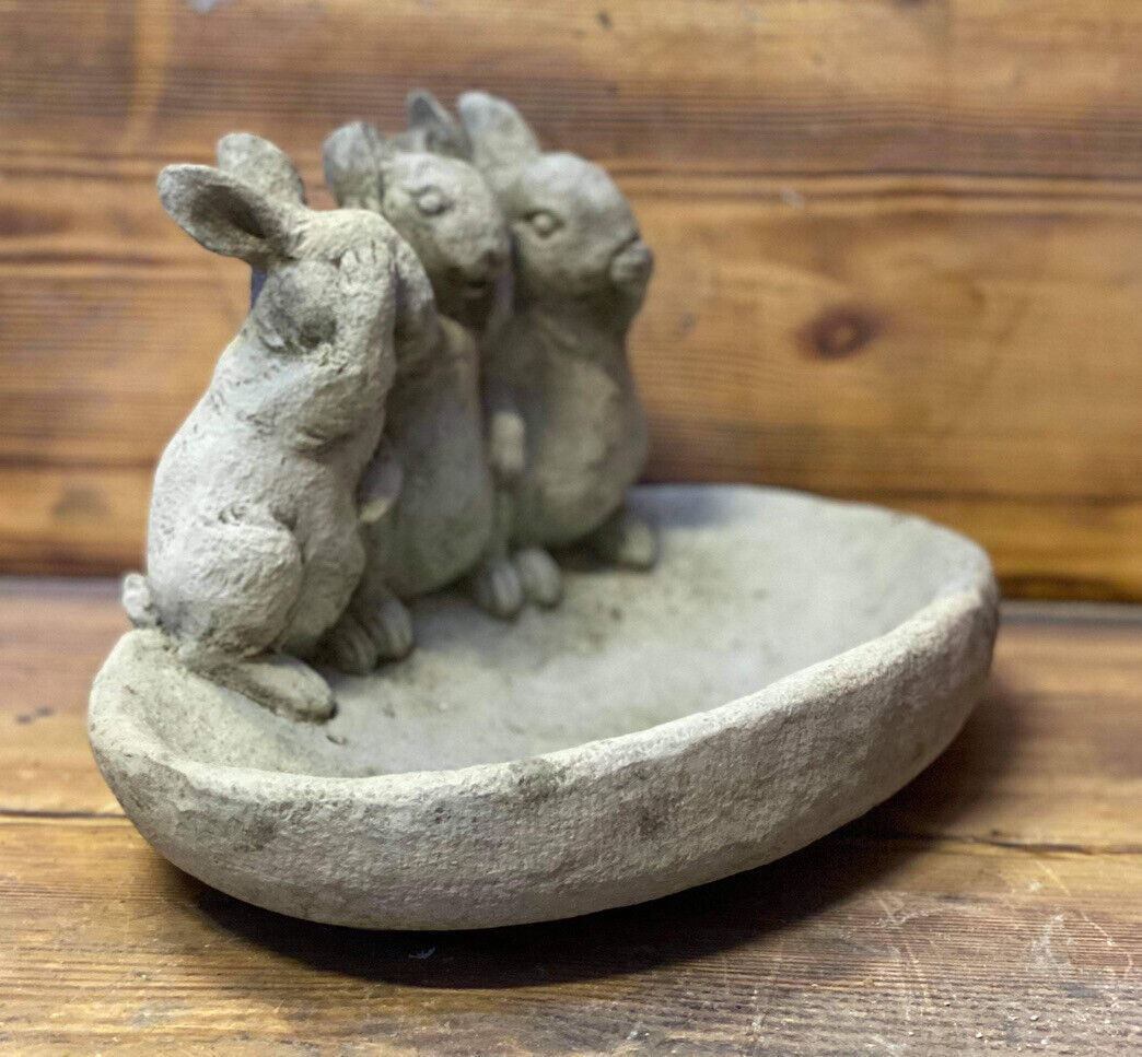 Stone Garden See Hear Speak No Evil Rabbit Bird Bath Feeder 