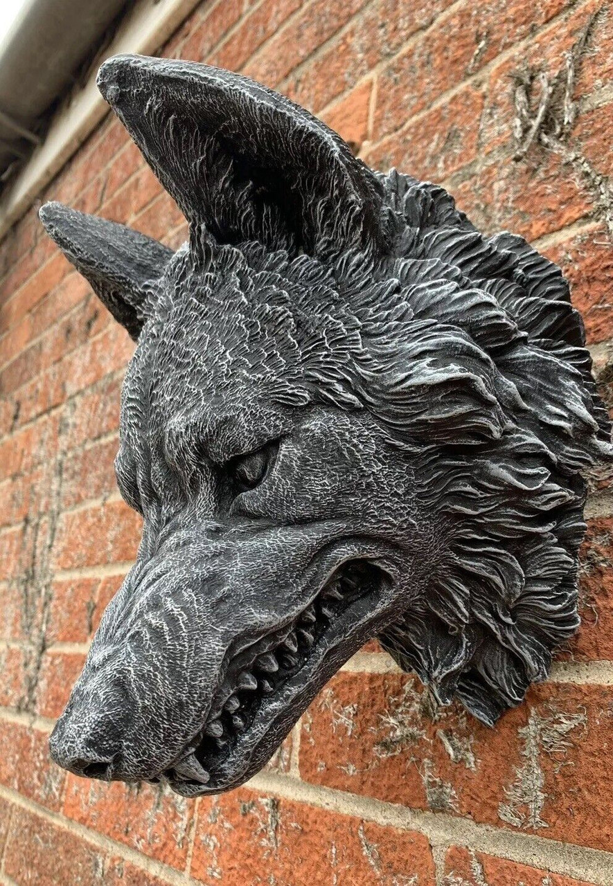 STONE GARDEN LARGE DETAILED WOLF HEAD WALL HANGING PLAQUE ORNAMENT