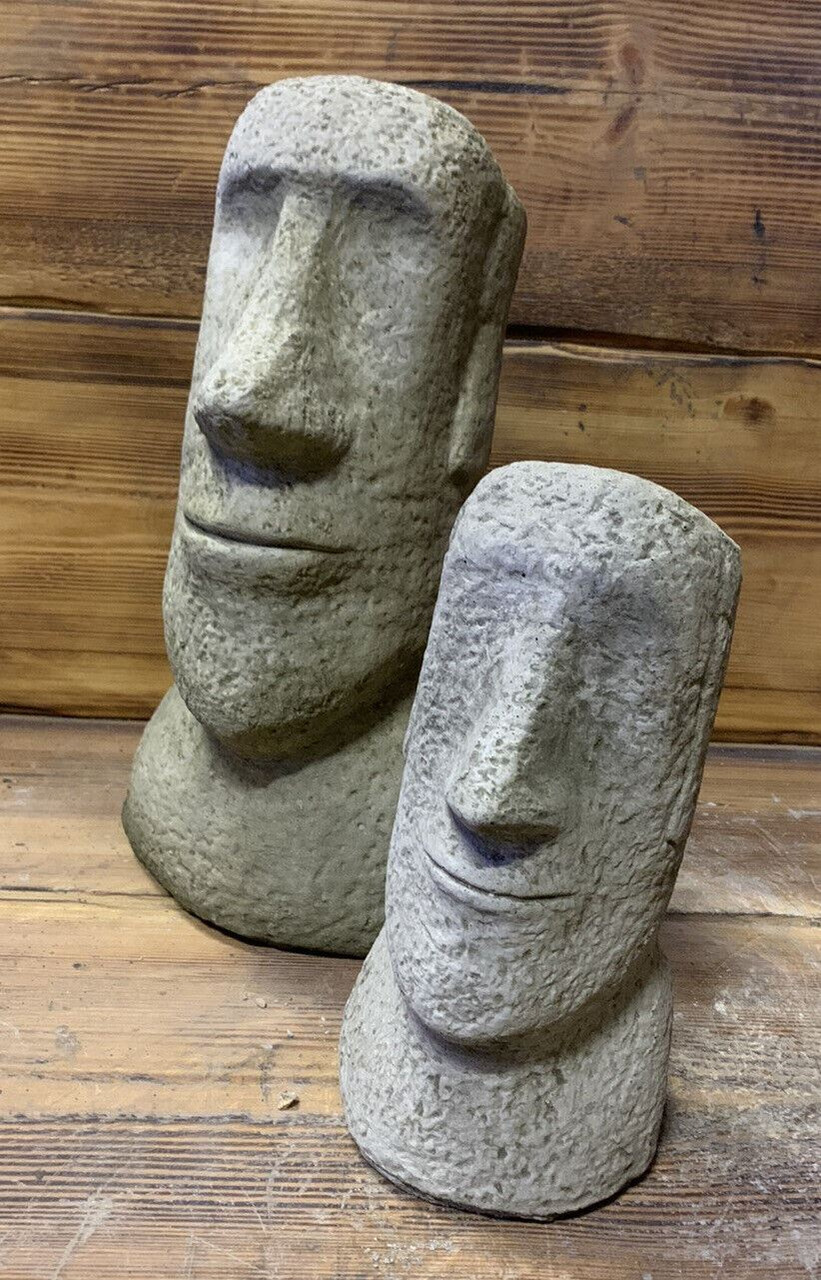 STONE GARDEN PAIR OF MOAI EASTER ISLAND HEAD TIKI ORNAMENTS STATUES