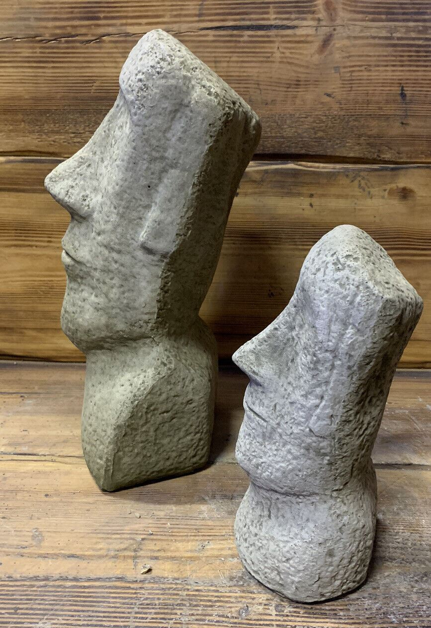 STONE GARDEN PAIR OF MOAI EASTER ISLAND HEAD TIKI ORNAMENTS STATUES