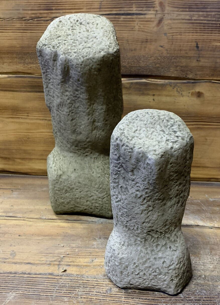 STONE GARDEN PAIR OF MOAI EASTER ISLAND HEAD TIKI ORNAMENTS STATUES