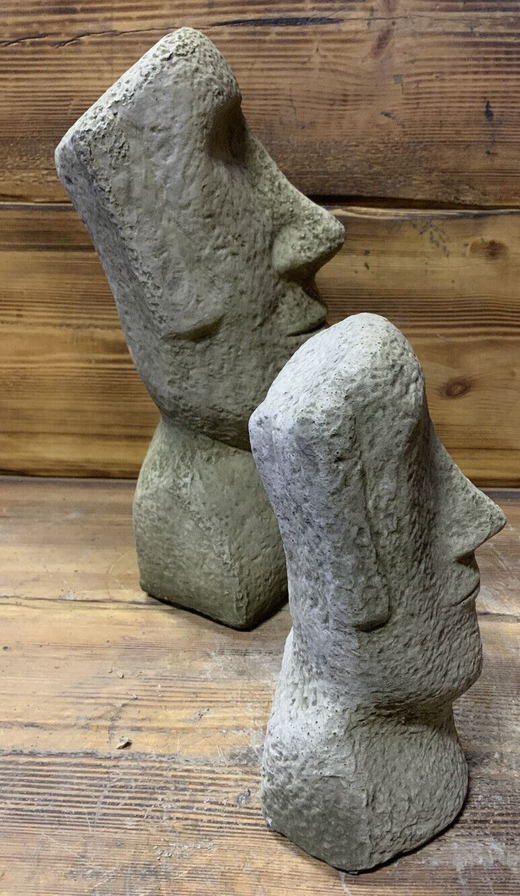 STONE GARDEN PAIR OF MOAI EASTER ISLAND HEAD TIKI ORNAMENTS STATUES