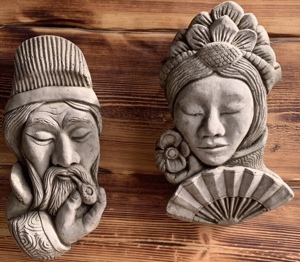 STONE GARDEN PAIR OF ORIENTAL CHINESE JAPANESE WALL PLAQUE FIGURE ORNAMENTS