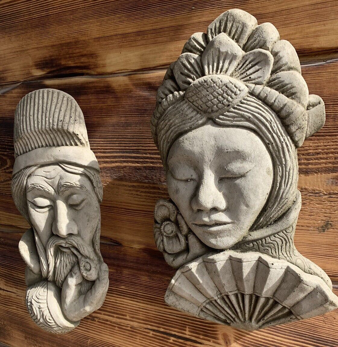 STONE GARDEN PAIR OF ORIENTAL CHINESE JAPANESE WALL PLAQUE FIGURE ORNAMENTS