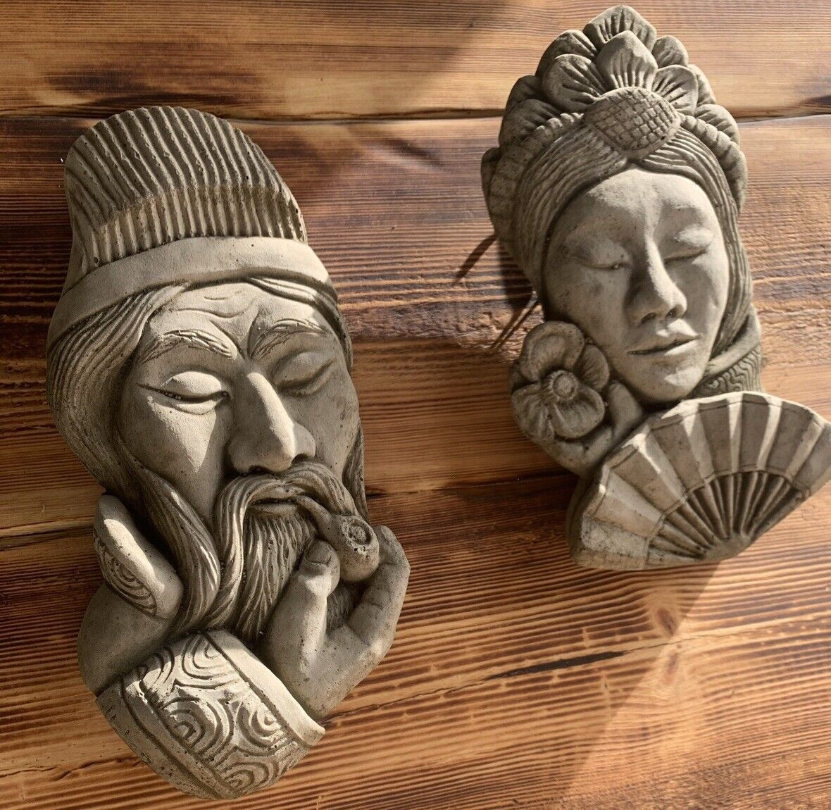 STONE GARDEN PAIR OF ORIENTAL CHINESE JAPANESE WALL PLAQUE FIGURE ORNAMENTS